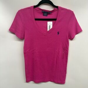 Vintage Ralph Lauren Sport Pink V Neck T Shirt Embroidered Pony Logo Large Y2K